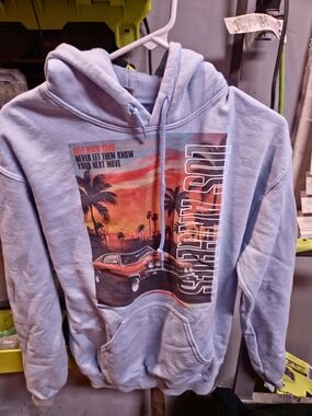 Light Blue Graphic Hoodie Sweatshirt with Sunset Car Print